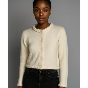 David Brooks Lamb Wool Angora Rabbit Hair Blend Cream Braided Cream Cardigan S